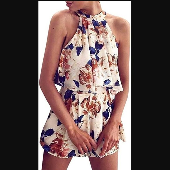 YOMISOY 2 Piece Floral Boho Romper - Halter Top & Shorts - NWOT - Picture 1 of 6